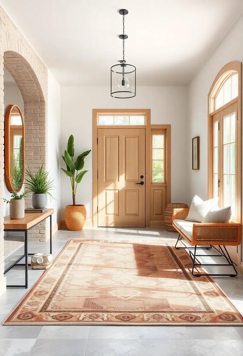A Coastal Retreat: Understand how a soft, muted vintage rug invokes a beachy vibe in a bright entryway, perfectly paired with light wood accents and airy decor
