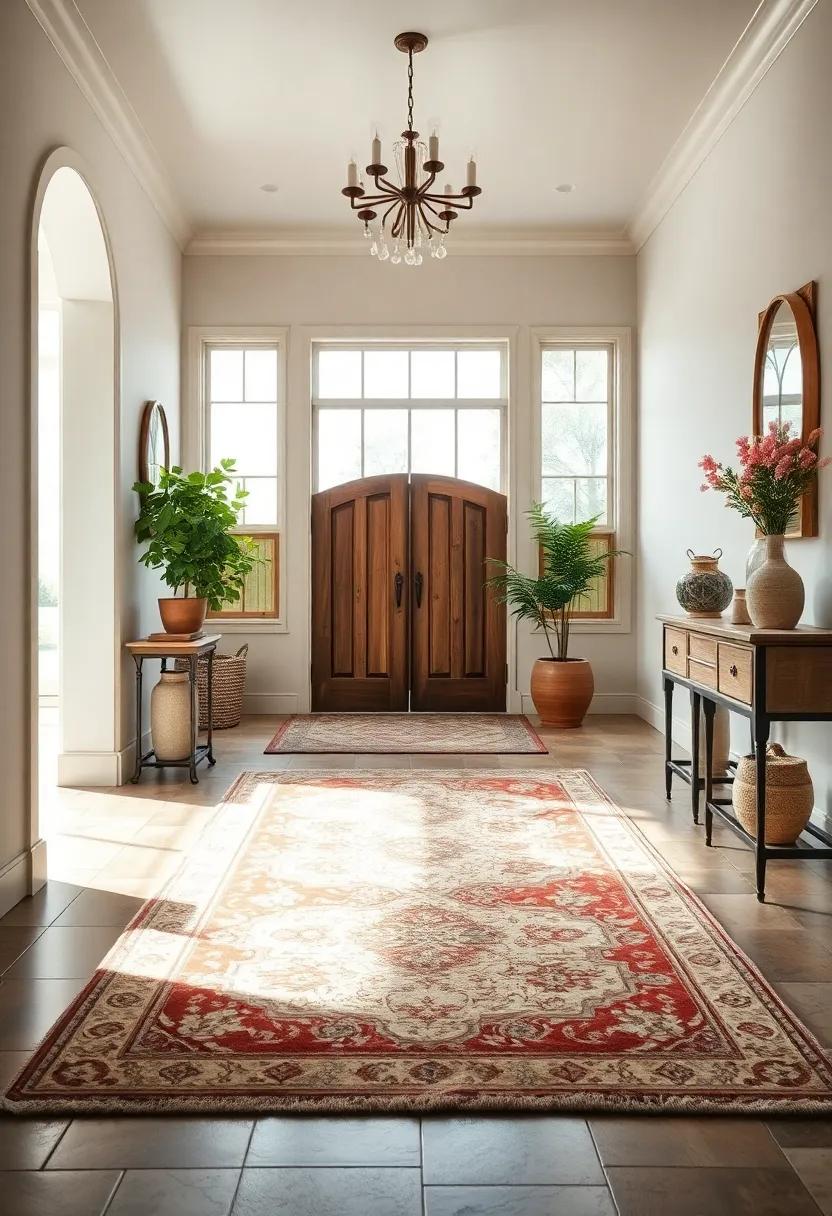 Countryside Elegance: Step into a farmhouse-inspired entryway where a beautifully aged rug serves as the perfect grounding element against stylish country decor