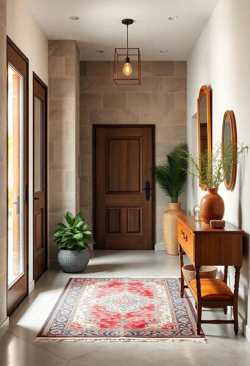 Cozy Nook: Step into an inviting entryway where a small vintage rug defines a quiet nook, harmonizing seamlessly with the surrounding decor to create an intimate welcome