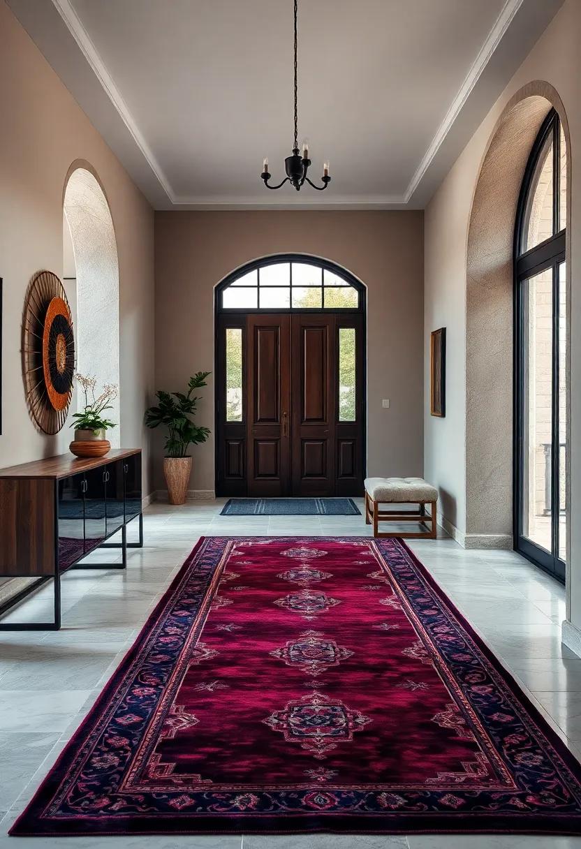 Dramatic Color Contrast: Observe how a deep jewel-toned vintage rug adds richness and depth to a neutral-toned entryway, enhancing its overall sophistication