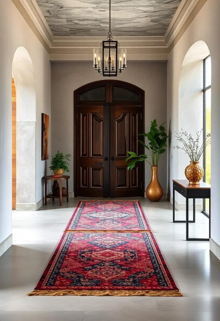 Eclectic Gallery Feel: See how a collection of mismatched antique rugs transitions a standard entryway into an artistically diverse gallery space,brimming with character