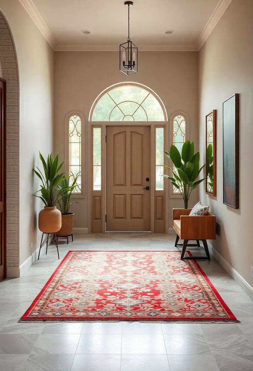 Exotic Influences: Explore how a vibrant, Moroccan-style rug introduces a worldly touch to a minimalist entryway, adding layers of texture and visual interest