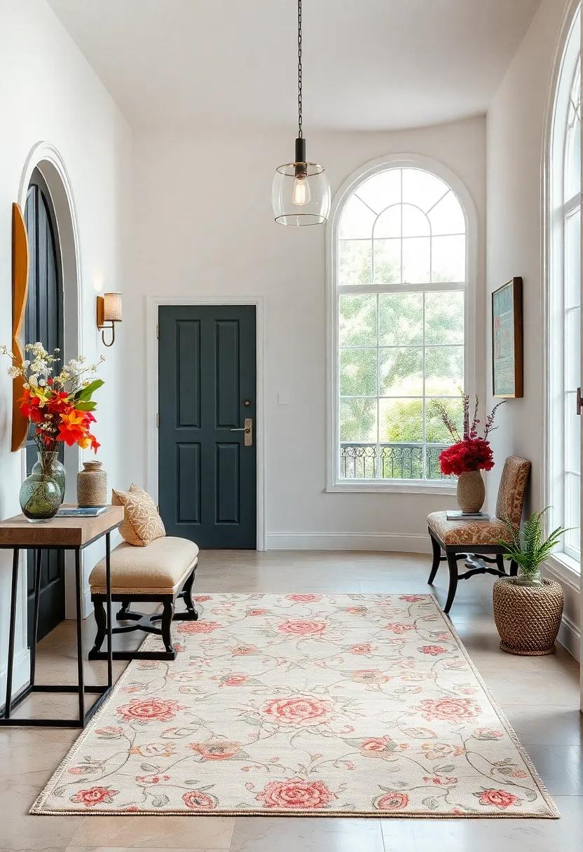 Fresh Floral Accents: Understand how a vintage rug featuring whimsical floral patterns enhances a light and airy entryway, invoking a sense of nature and tranquility