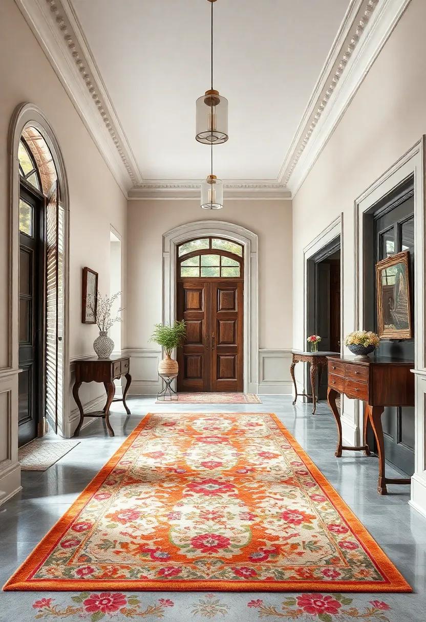 an Historic Victorian Hallway: Discover how a faded floral vintage rug breathes life into this grand Victorian entryway, complementing original woodwork and soaring ceilings