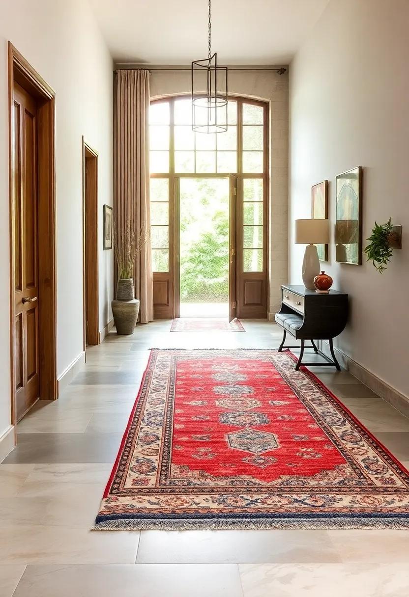 Layering Textures: Learn how layering a vintage rug over contemporary flooring creates a stylish dynamic in an entryway, allowing for depth and comfort