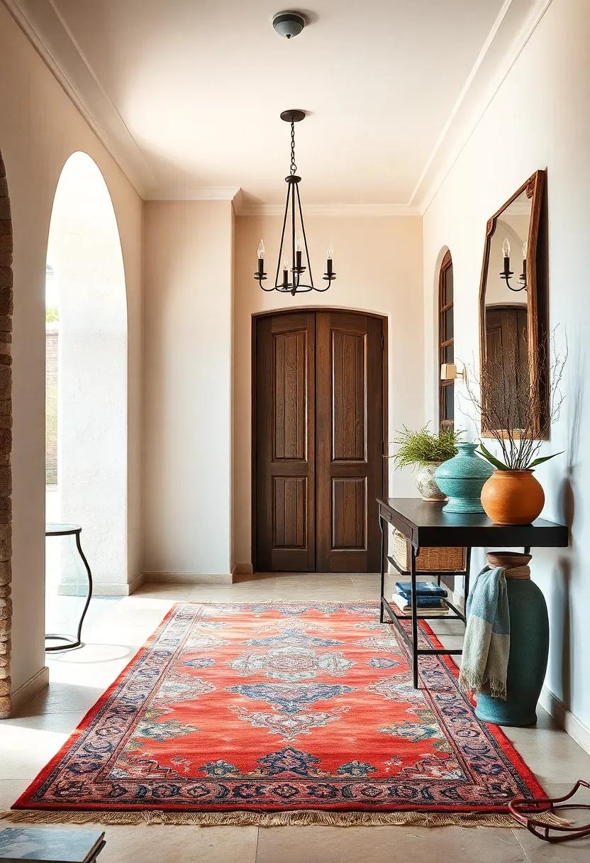 Mediterranean Charm: Unravel how a terracotta-hued vintage rug creates a welcoming aura in a Mediterranean-style entryway, celebrating warm colors and rustic textures