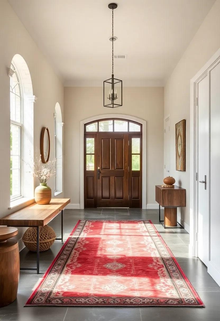 Modern Minimalism Meets Rustic Charm: See how a bold geometric patterned rug adds warmth and personality to a sleek, modern entryway, effortlessly merging contemporary and rustic styles