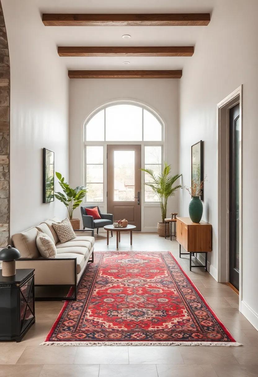The Perfect Balance of New and Old: Explore an entryway where a vintage Persian rug enriches contemporary furnishings, striking an impeccable balance between different styles