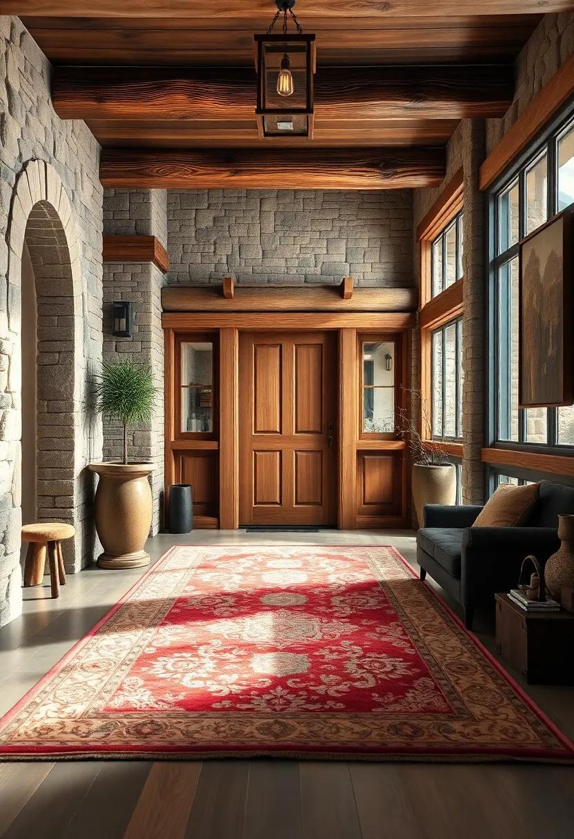 Rustic Lodge Entrance: Take a peek at a cabin-like entryway where a rich, textured vintage rug magnifies the warm wooden elements and encapsulates a cozy atmosphere