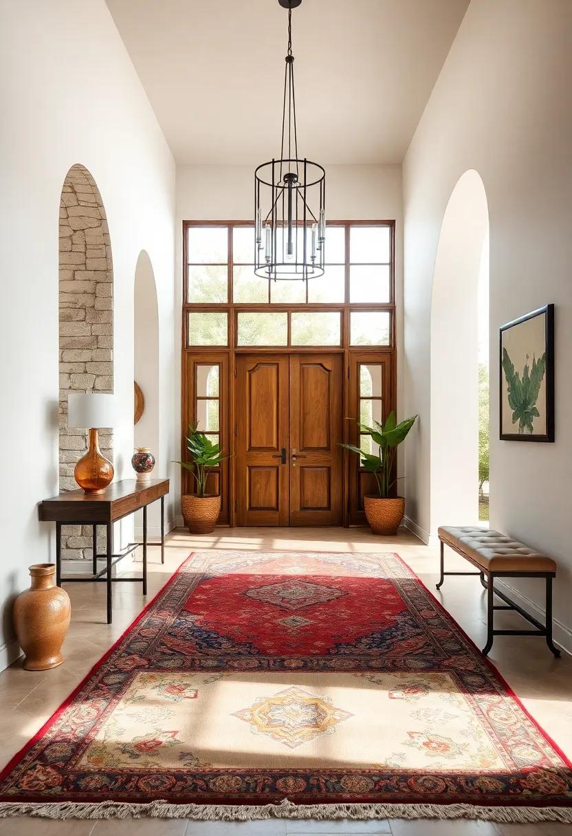 Statement Borders: See how a rug with a dramatic border defines an entryway space, bringing structure and elegance to an otherwise open floor plan