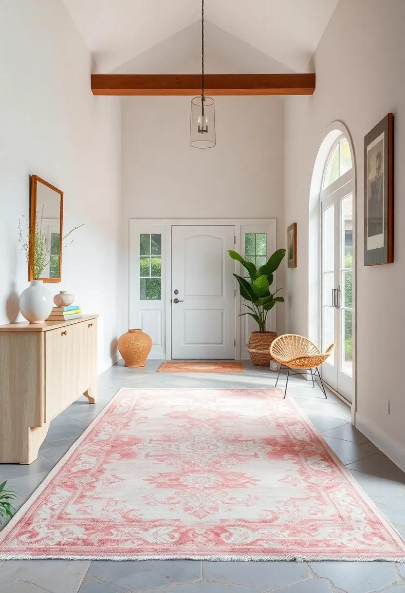 Subtle Pastels: Discover a delicate, pastel-hued vintage rug that softens a bright entryway, introducing a calming palette amid modern decor
