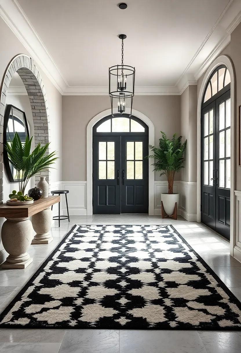 Timeless Black and White: discover how a striking black and white geometric vintage rug adds a modern twist to a traditional entryway, creating a striking first impression