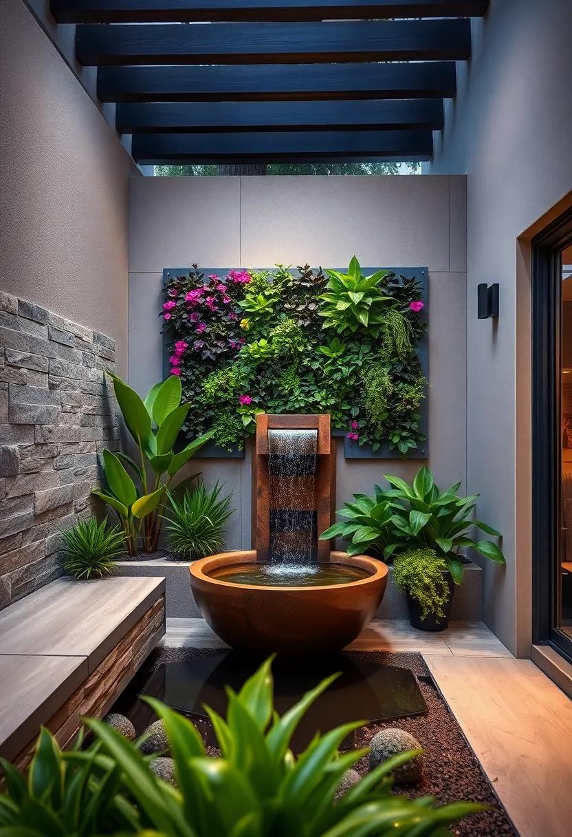 Add a water ⁢feature, like a small fountain or ⁤wall-mounted waterfall, to create a soothing‌ environment amidst your vertical masterpiece