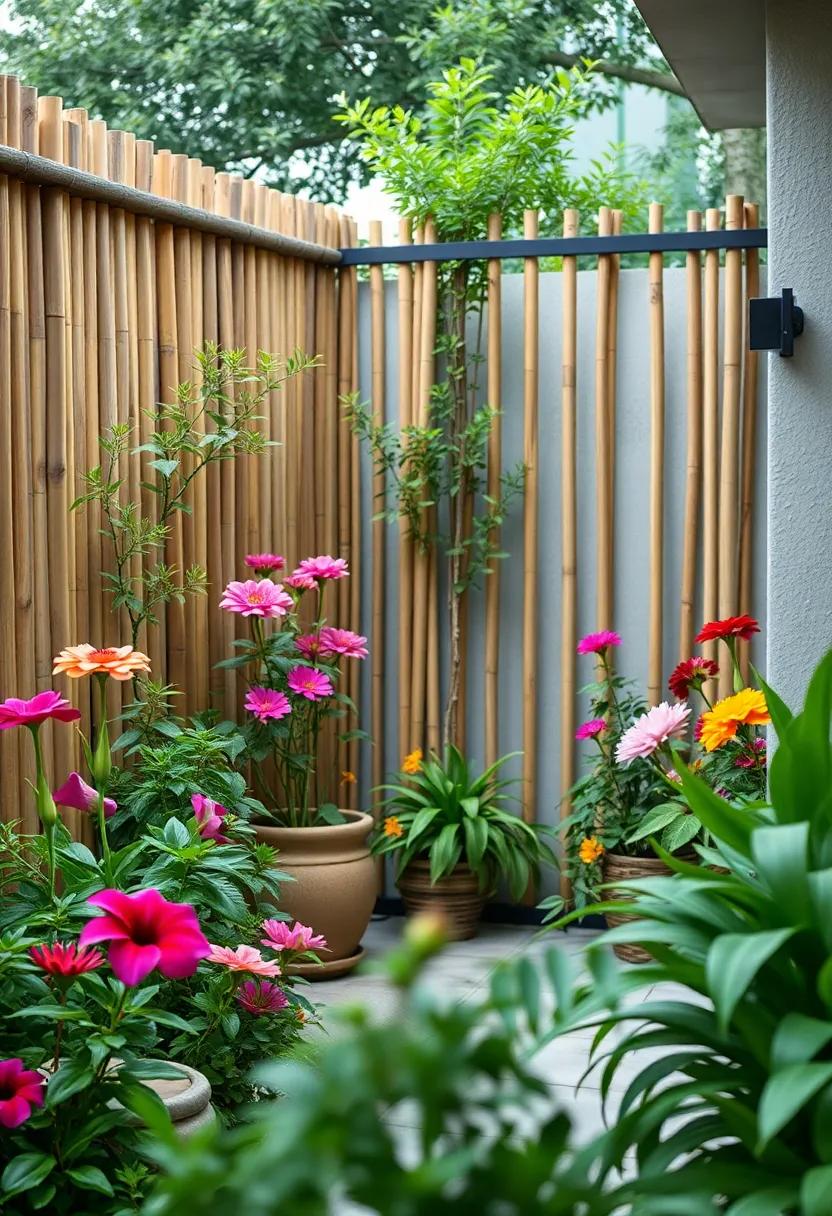 Bamboo Fencing: Embrace an⁢ eco-friendly approach with bamboo fencing, lending a serene and natural ambiance to your garden while showcasing vibrant ‍flowers‍ against its earthy‍ tones