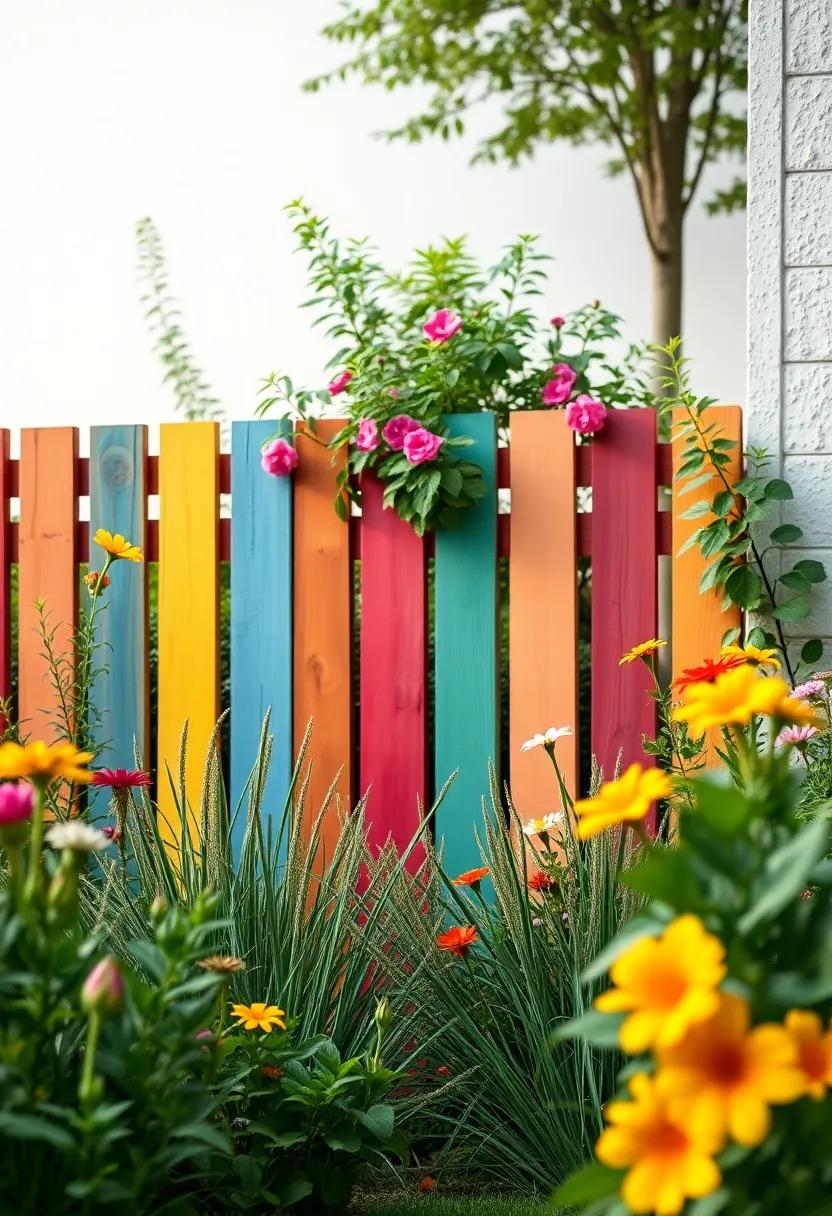 painted Pallet Board Fence: Express artistic flair with a painted pallet board fence that showcases vibrant hues, acting as a canvas to complement the colors of your flowering plants
