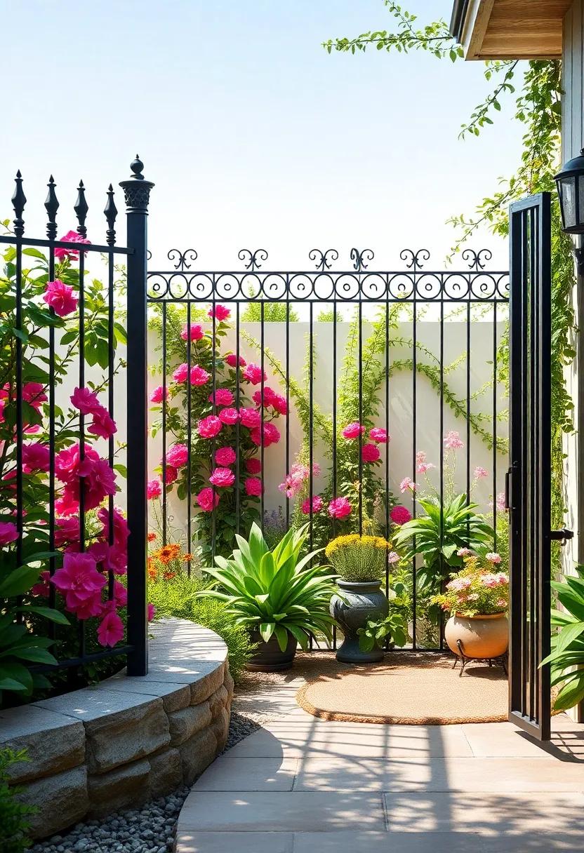 Wrought Iron Elegance: Elevate your garden’s sophistication with a delicate wrought iron fence, offering both security and an intricate ‌design​ that beautifully complements blossoming florals