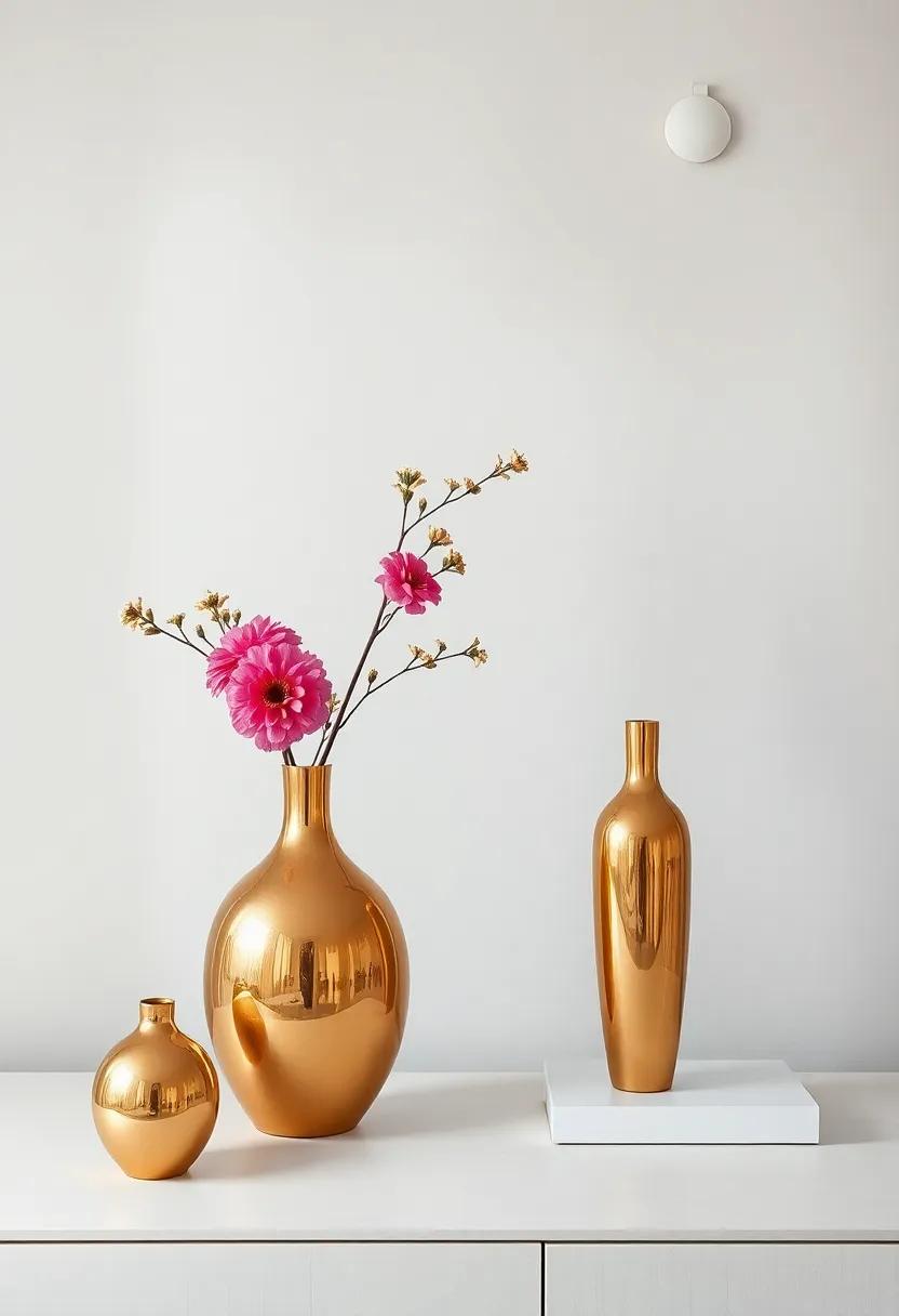 Display decorative gold⁢ vases on‌ shelves or tabletops, filled with⁤ fresh​ or dried ​flowers for a chic contrast