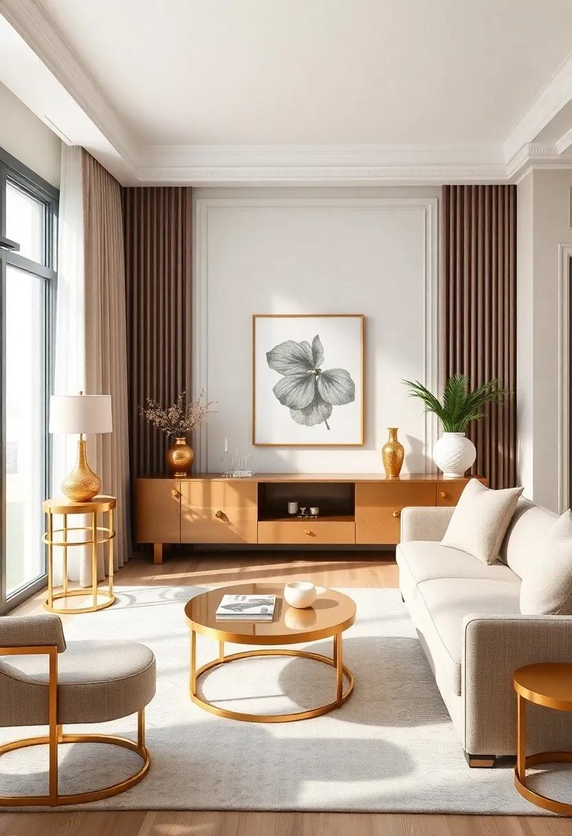 Choose gold-toned‍ furniture, such as side tables ‍or consoles,⁢ that serve as statement ​pieces ‌in your living ‌room‌ layout