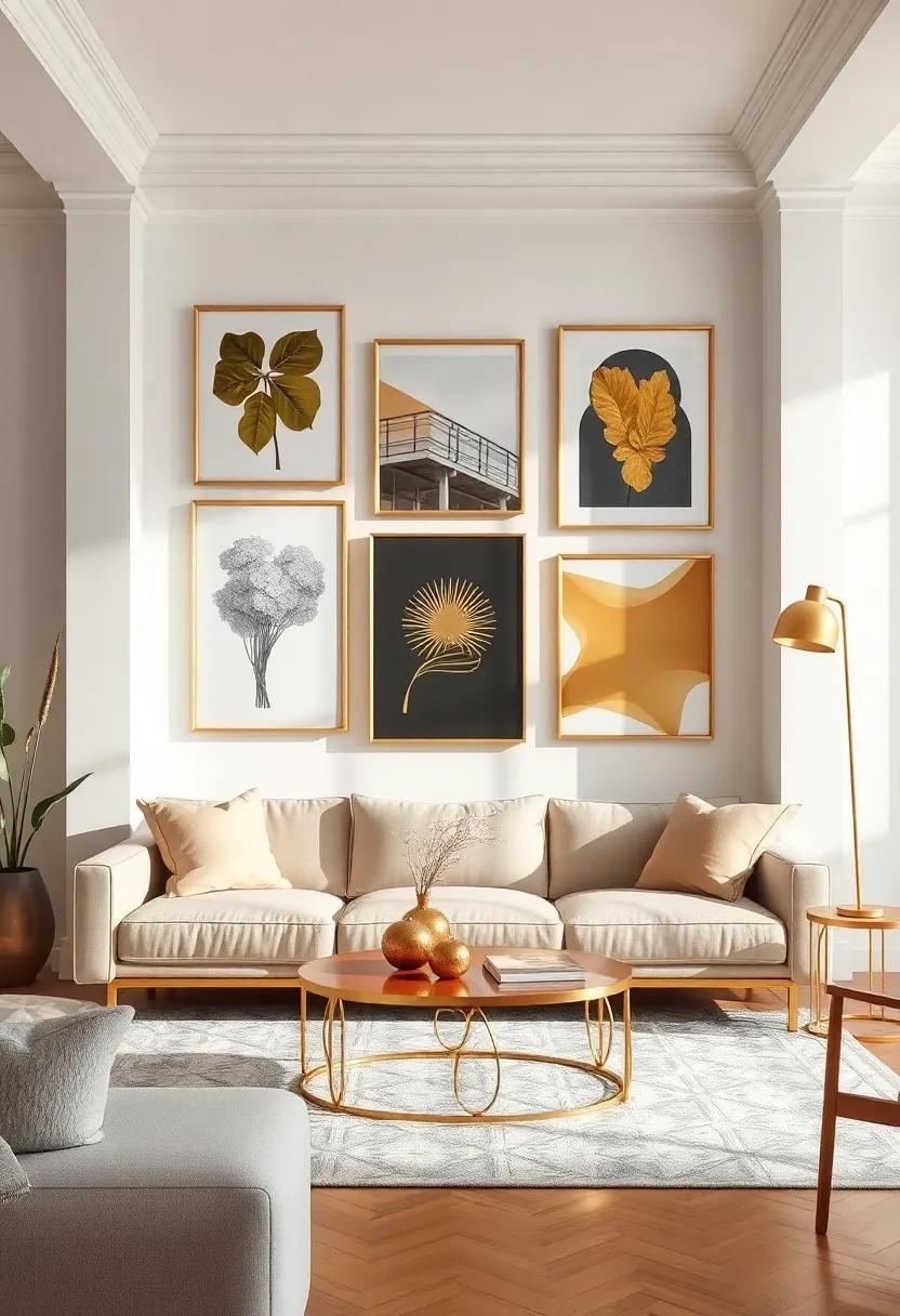 Design a ⁢gallery⁣ wall‍ that features a mix ⁤of⁢ gold-tinted art⁢ and accessories, creating a ‌cohesive yet eclectic⁣ vibe