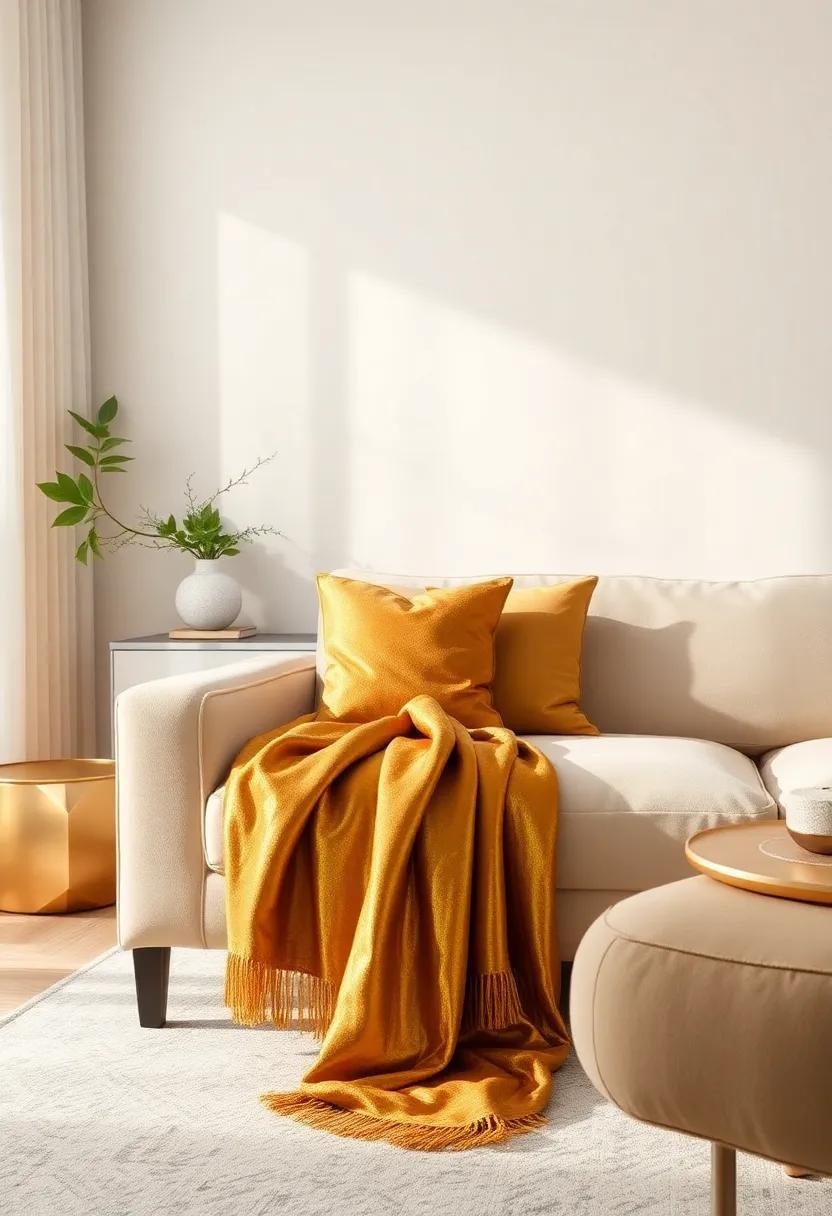 Include​ metallic gold in ‍your soft furnishings, like a throw blanket, to effortlessly elevate ⁣your living room's ⁢atmosphere
