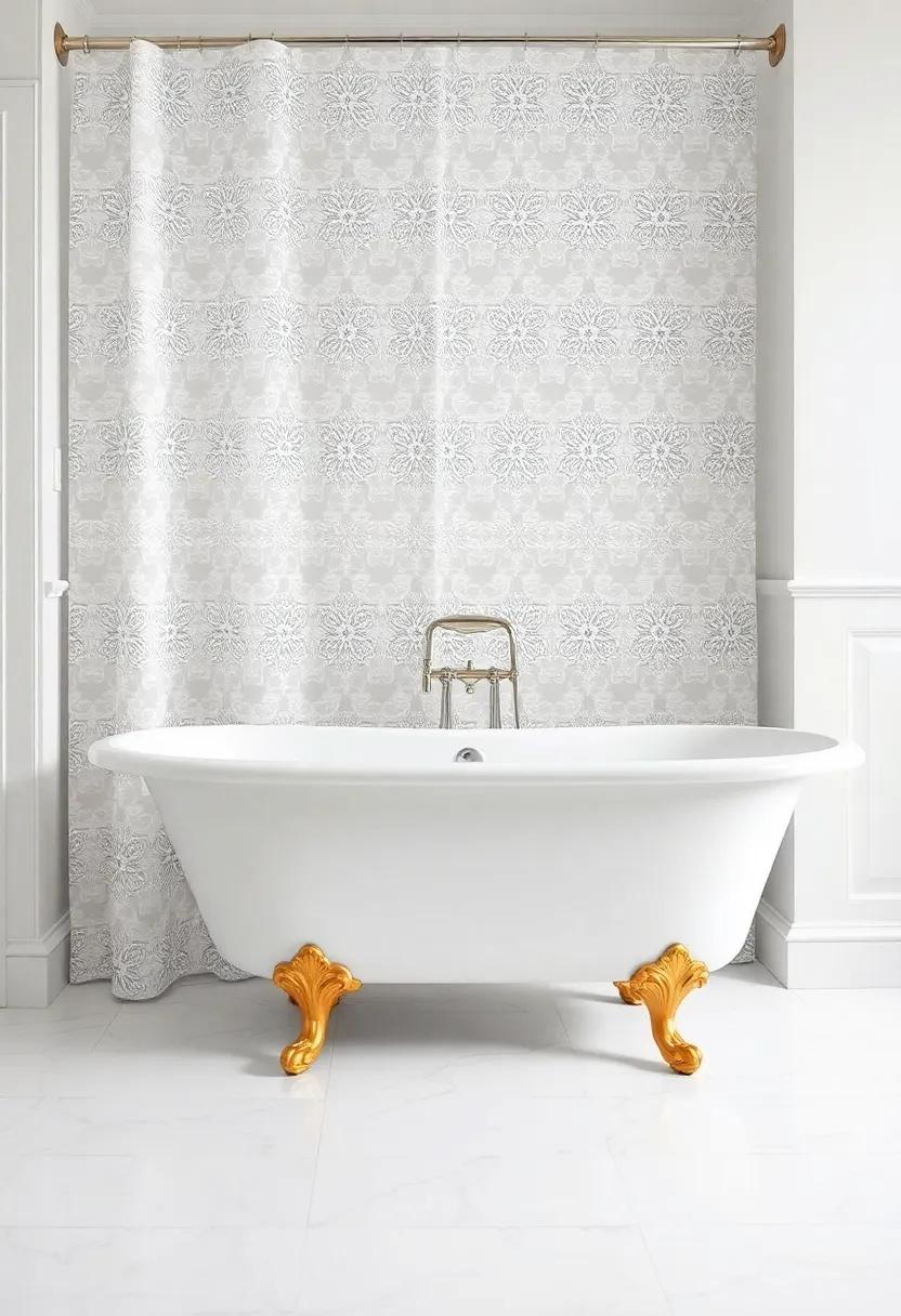 Adorned with an intricate lace shower curtain, this bathroom showcases a classic white clawfoot tub with elegant gold footings, forming a romantic and chic ambiance