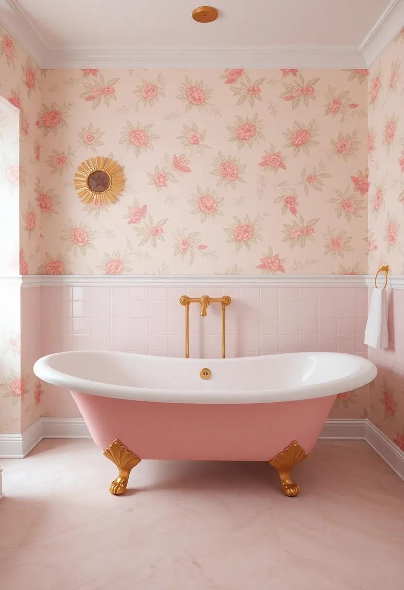 Bask in the charm of a pastel pink clawfoot tub that serves as the centerpiece, surrounded by vintage floral wallpaper and antique brass fixtures, creating a soft, inviting atmosphere