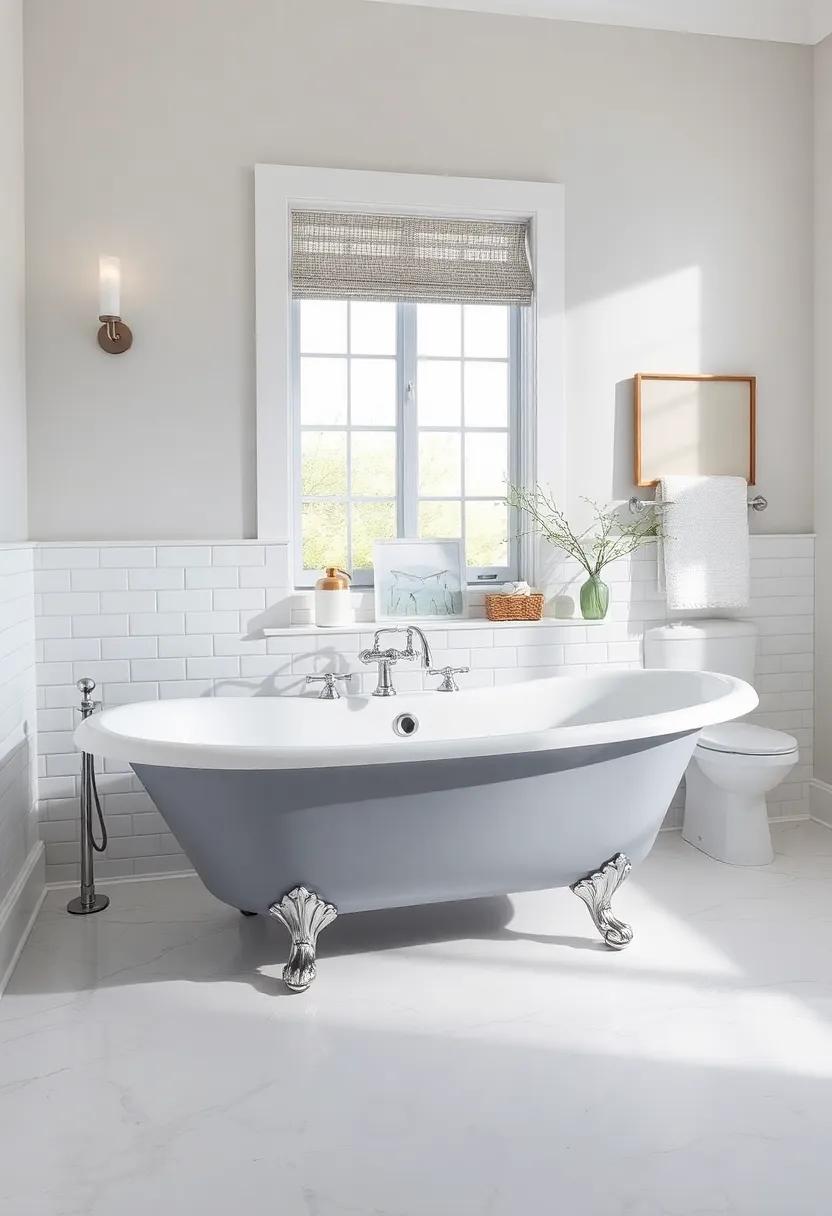 Delight in a bathroom accentuated with a light gray clawfoot tub, paired with polished nickel hardware and contemporary touches that seamlessly blend modernity with tradition
