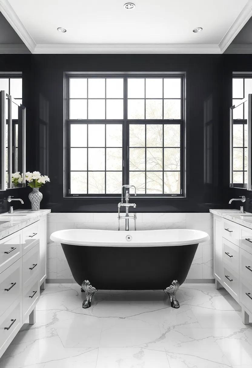Discover the beauty of a monochrome design featuring a black clawfoot tub nestled beneath a grand window,with dramatic white marble countertops and silver-framed mirrors reflecting timeless elegance