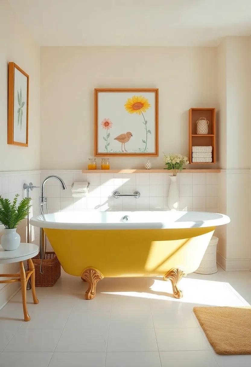 Dive into a sunny bathroom with a cheerful yellow clawfoot tub, surrounded by quaint cottage-inspired decor and whimsical artwork that captures the essence of joyful relaxation