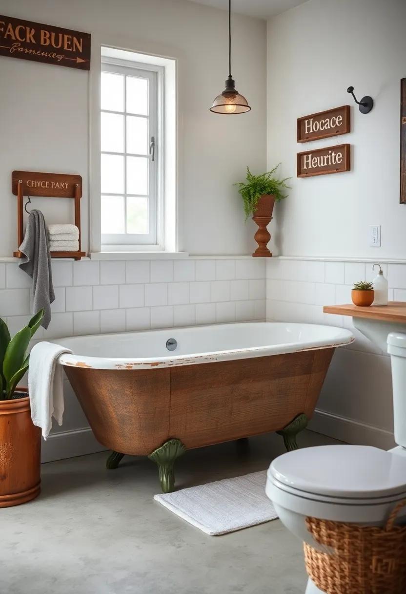 Embrace the charm of a rustic farmhouse bathroom with a weathered wood clawfoot tub, paired with vintage-inspired signage and quaint décor that evokes a homey nostalgia