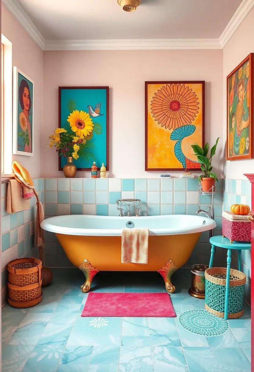Embrace the whimsy of a brightly painted aqua clawfoot tub nestled in a colorful bathroom filled with eclectic accessories and vibrant artwork, showcasing a joyful celebration of personal style