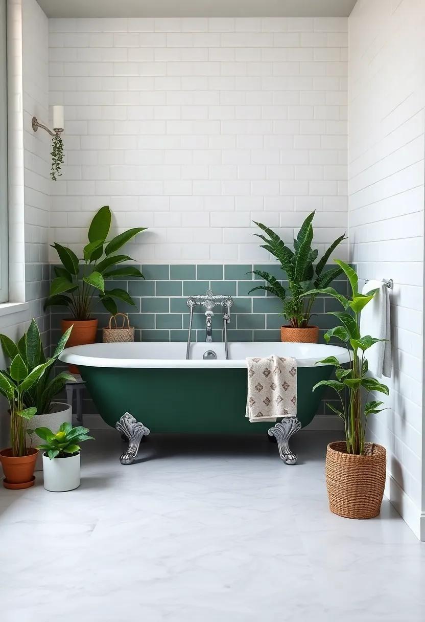 Enjoy the appeal of a forest green clawfoot tub set against classic white subway tiles, along with an array of potted plants that bring a refreshing vibrancy to the space