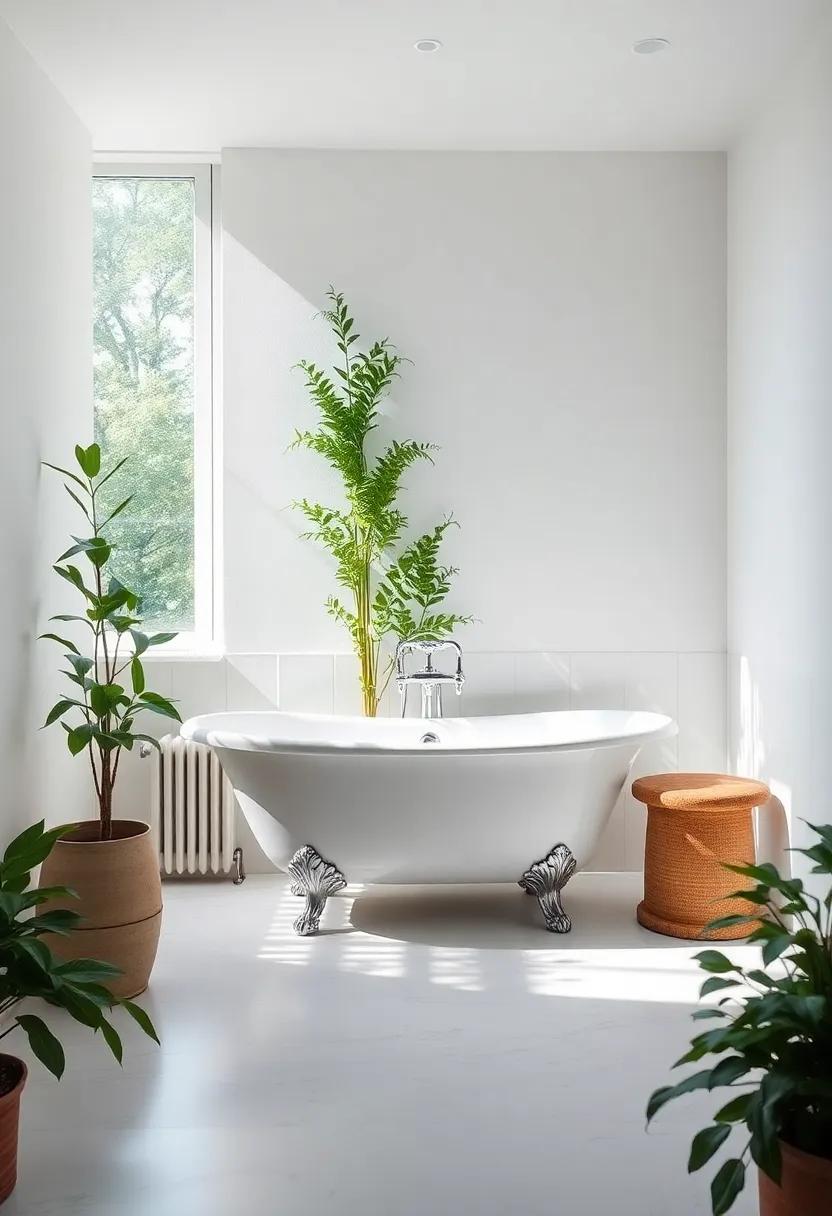 Enveloped in serenity, this minimalist bathroom showcases a pristine white clawfoot tub, surrounded by lush greenery and natural light that invites peace and relaxation