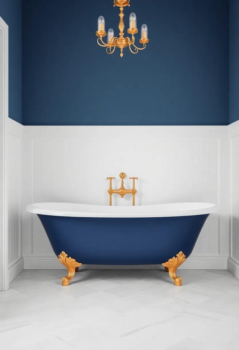 Experience the luxurious contrast of a bold navy blue clawfoot tub set against crisp white wainscoting, paired with ornate gold accents that evoke a sense of classic sophistication