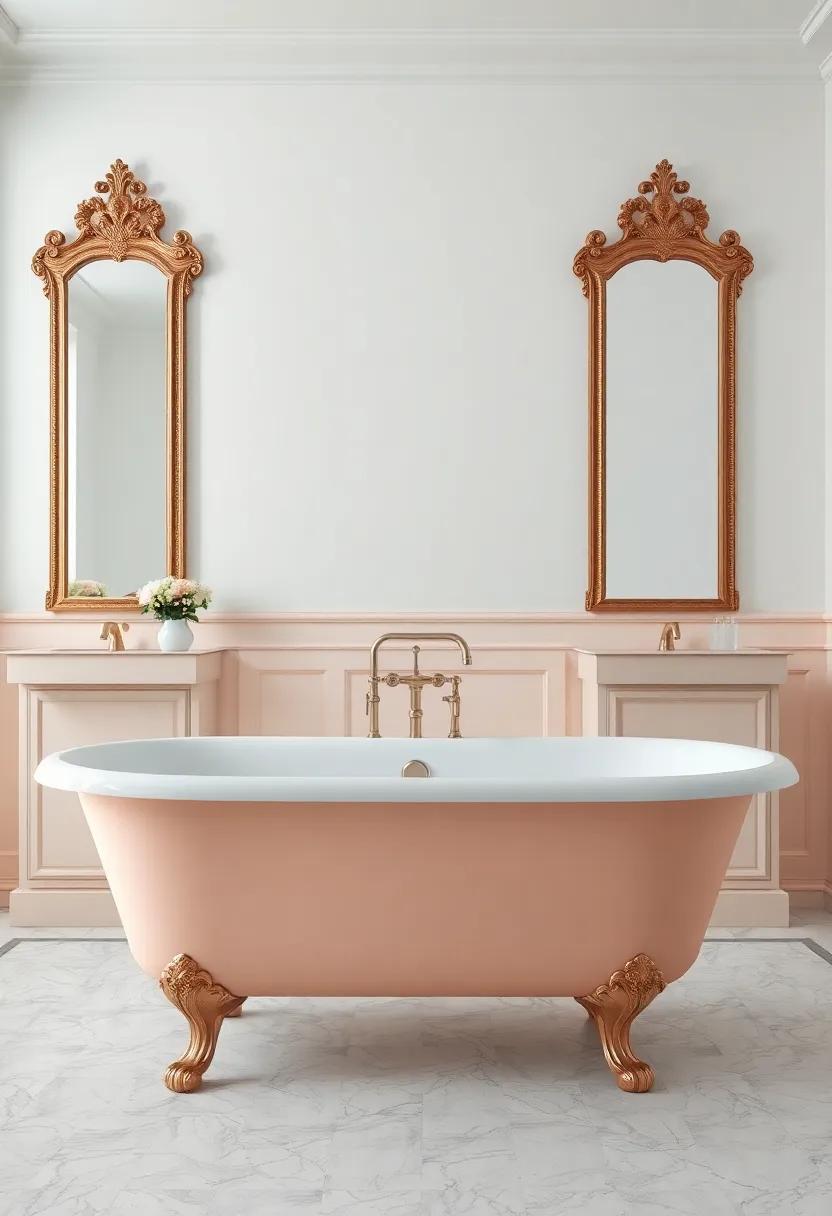 Experience the charming details of a pale peach clawfoot tub, coupled with antique mirrors and soft lighting, forming a romantic and dreamy atmosphere that enchants the senses