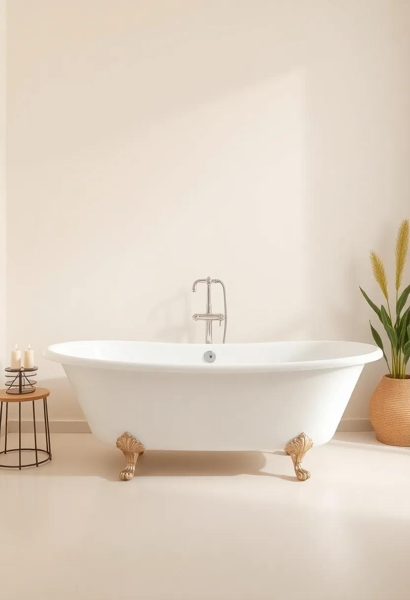 Experience the art of minimalism with a sleek, white clawfoot tub against a backdrop of soft beige tones, adorned with simple yet elegant design elements that evoke a sense of calm