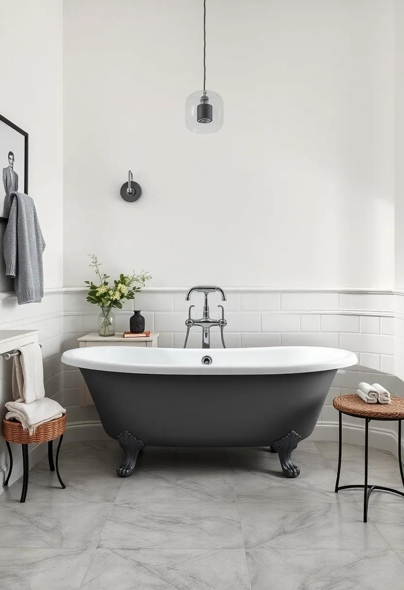 Find inspiration in a beautifully curated bathroom featuring a slate gray clawfoot tub, surrounded by symmetrical décor and chic lighting, highlighting an elegant balance of old and new