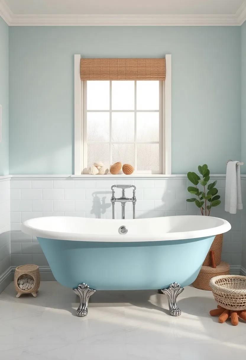 Immerse yourself in a coastal-inspired space where a sky-blue clawfoot tub is paired with seashell accents and driftwood decor, offering a fresh and breezy retreat