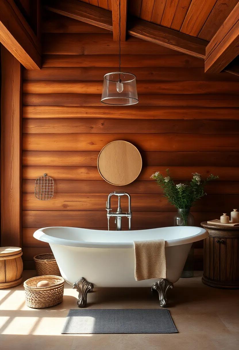 Indulge in the rustic charm of a clawfoot tub set against exposed wooden beams, with a palette of warm earth tones and vintage-inspired accessories that invite a sense of tranquility