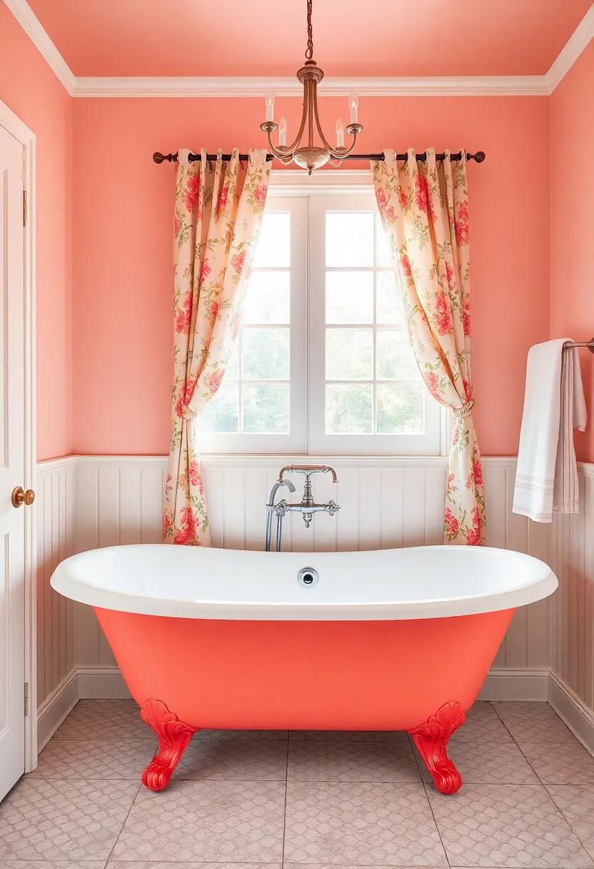 Relish in a cheerful bathroom where a bright coral clawfoot tub complements floral curtains and delicate accessories, celebrating a fusion of vintage charm and modern whimsy