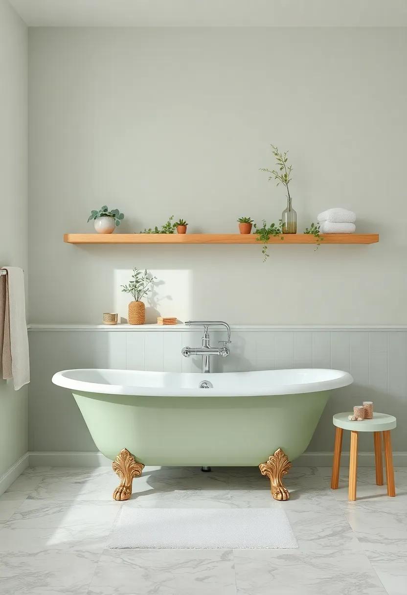 Revel in a serene bathroom adorned with a soft sage green clawfoot tub, complemented by natural wood shelves displaying an array of botanical accents for a refreshing touch