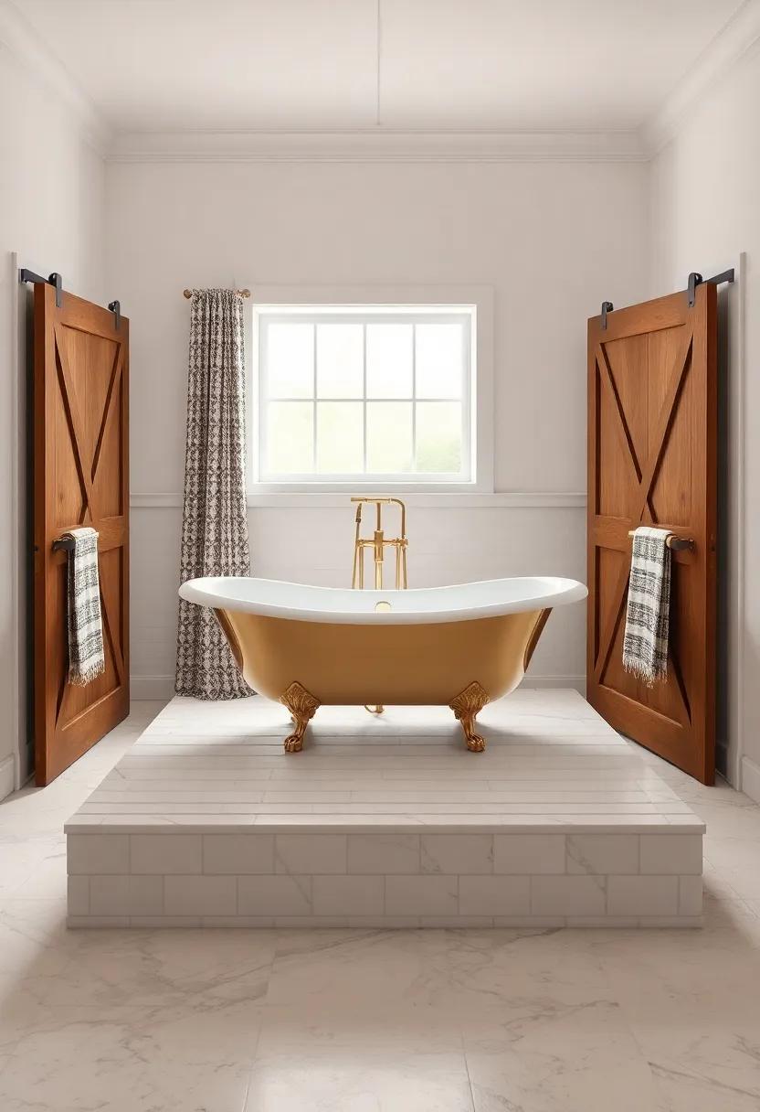 Revel in the elegance of a gold-accented clawfoot tub atop a tiled platform, framed by chic barn doors and vintage textiles that lend a forward-thinking twist to a classic design