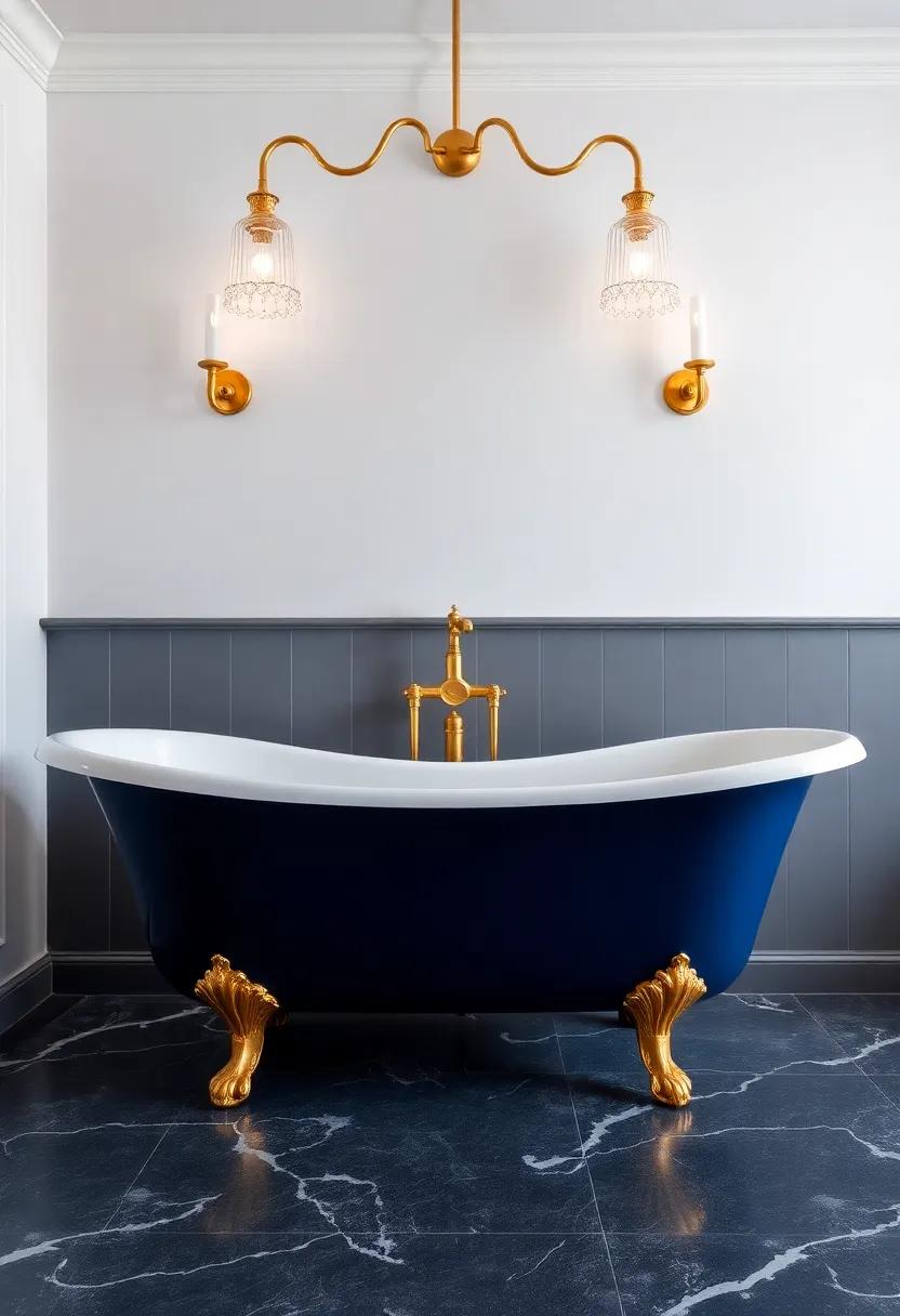 Savor the sophistication of a deep navy clawfoot tub framed by opulent gold details and vintage-inspired light fixtures, creating a sense of grandeur that transcends time