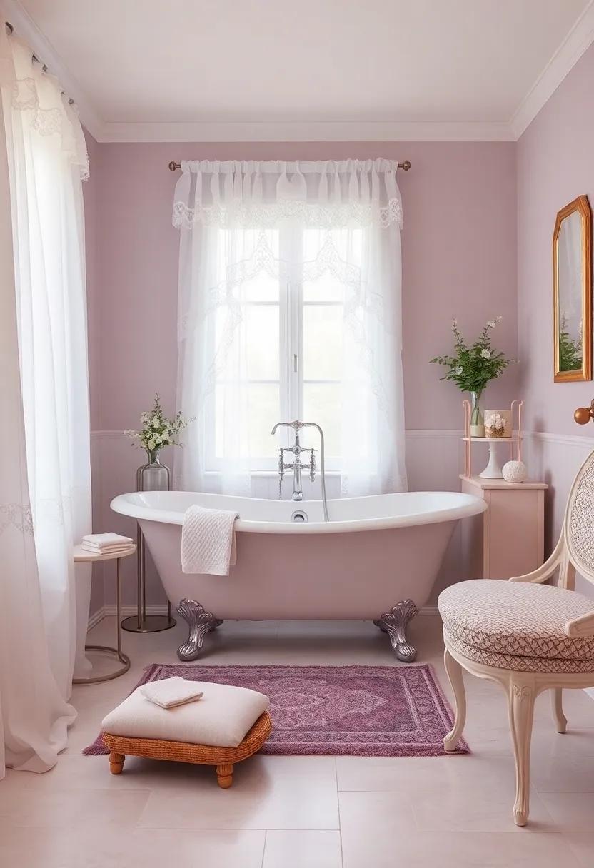 Step into a vintage-inspired sanctuary featuring a soft lavender clawfoot tub nestled among delicate lace curtains and antique furnishings that whisper of a bygone era