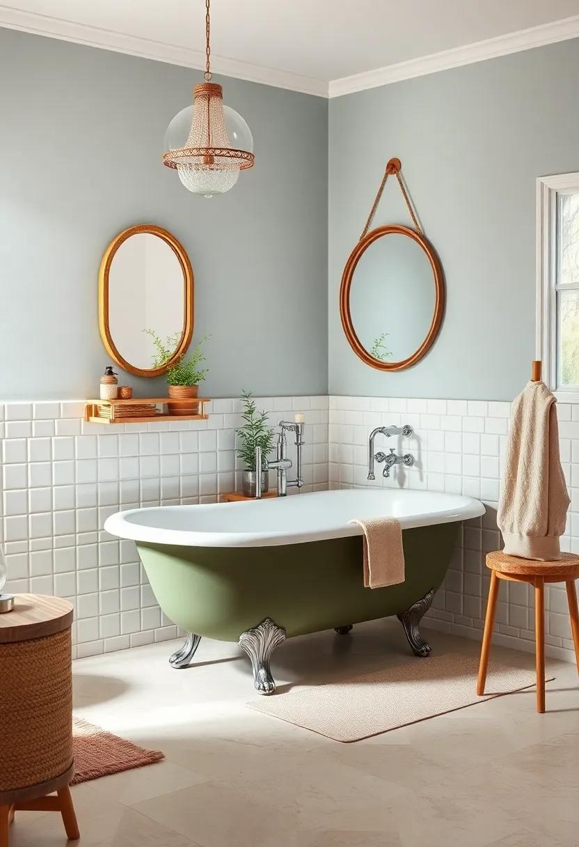 Step into a tranquil retreat with an olive green clawfoot tub, accented by vintage mirrors and handcrafted decor, infusing a touch of artisanal beauty into a relaxed setting