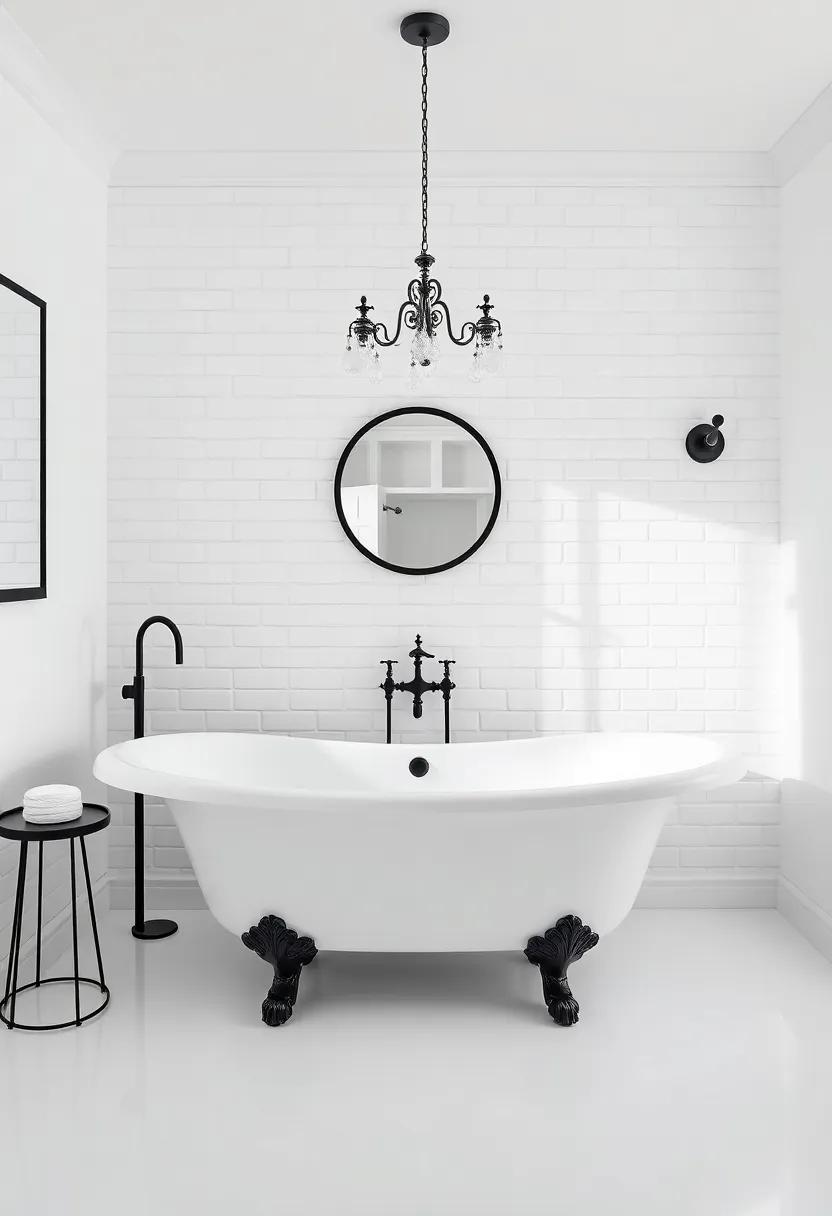 Uncover the allure of an all-white bathroom where a stunning porcelain clawfoot tub steals the show,surrounded by captivating black accents for a striking contrast