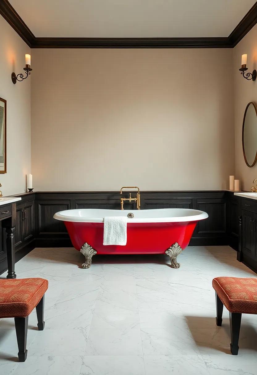 unwind in a luxurious bathroom that showcases a deep red clawfoot tub,surrounded by dark wood accents and vintage candle holders,creating an intimate and cozy setting