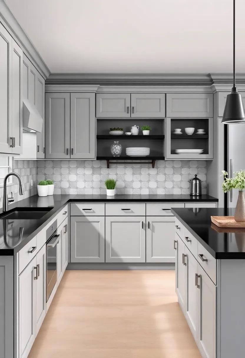 Classic with a twist: ‍Uncover the blend of traditional style ‌and modern⁢ flair in⁢ kitchens ⁣featuring soft gray cabinets⁣ and⁤ striking ⁣black counters