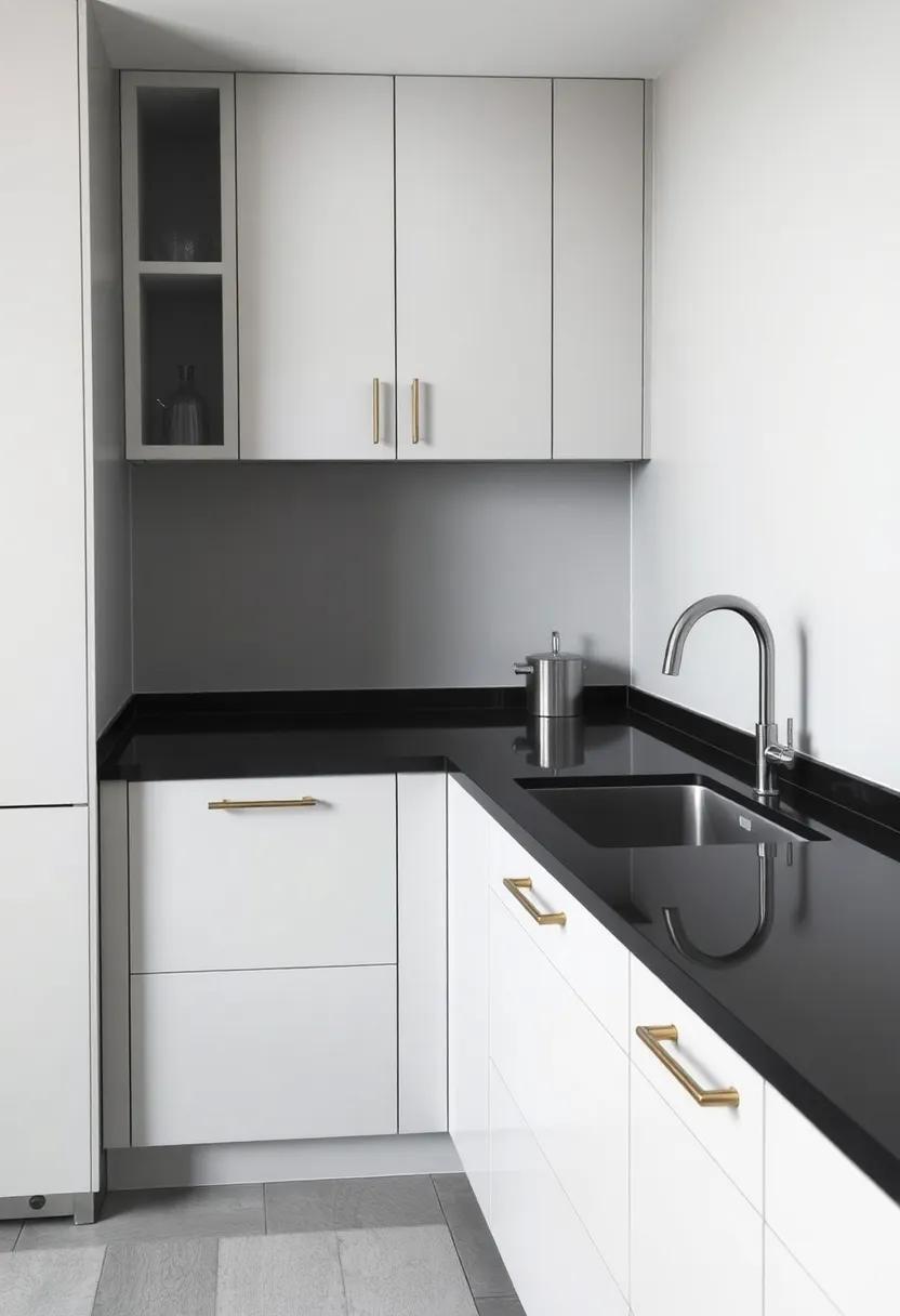 Modern⁤ Minimalism: Explore a sleek, streamlined kitchen featuring ⁤light gray ​cabinets with⁤ glossy ⁣black countertops, achieving a chic modern minimalist aesthetic