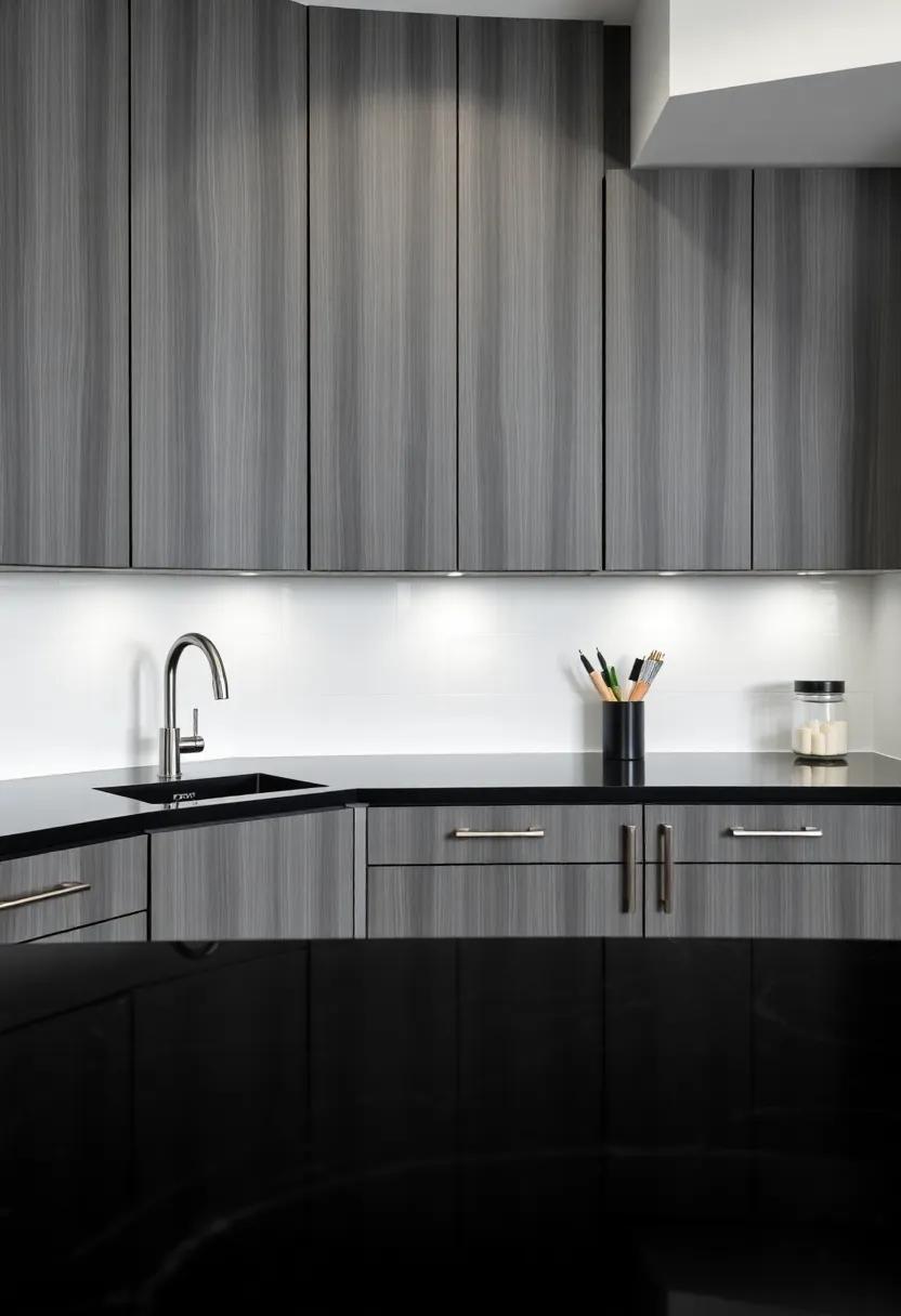 High Contrast Delight: ⁤Experience‍ the stunning visual impact of​ charcoal gray cabinets set‍ against shiny‌ black ‍countertops, adding ⁣depth and character